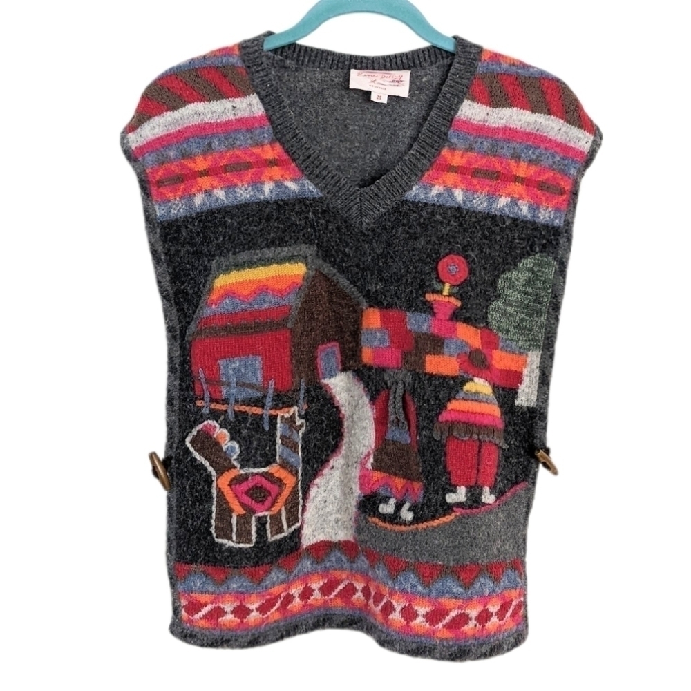 Vintage Rene Derby applique embroidered landscape knit vest Medium @O